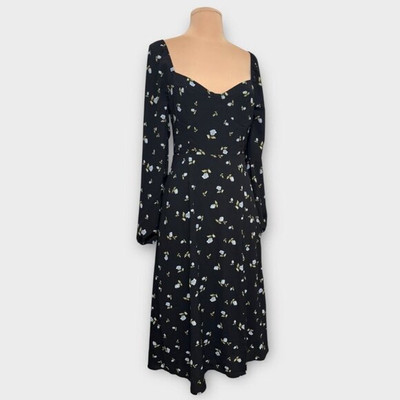 Floral Midi Dress Small Black Ditsy Floral Sweetheart Slit Long Sleeve EUC - Picture 1 of 8